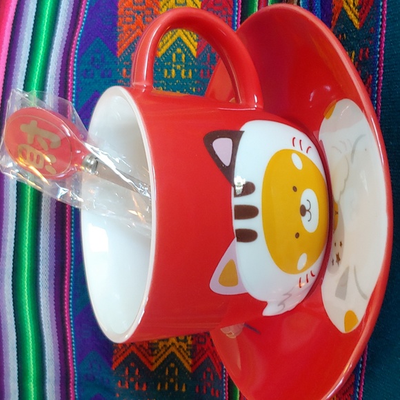 ๐ Kitty Cup & Saucer with Spoon, Red with Koi and Lotus design on Saucer - Picture 1 of 12